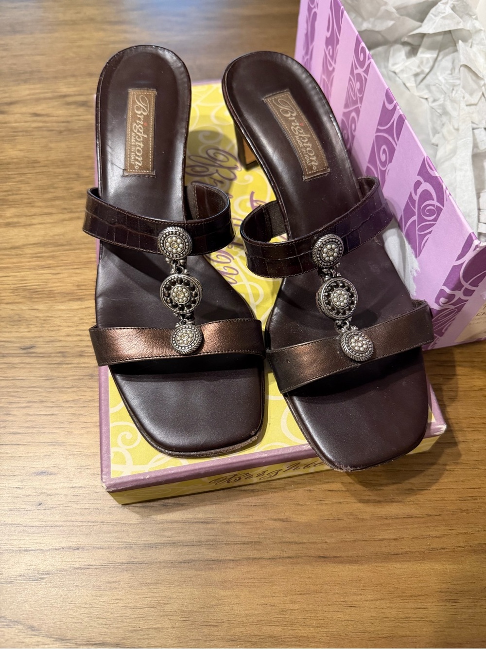 Theona Brighton Brown Embellished Leather Slide Sandals